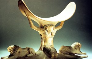 由人物支撑的象牙头枕，古埃及，第18王朝，约公元前1325年 作者 不明