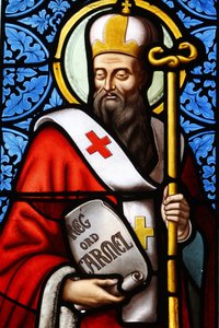 Jerusalem patriarch Saint Albert stained glass in Pont L