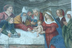 圣玛丽大教堂门上的耶稣在圣殿壁画 Aoste Italia 作者 不明