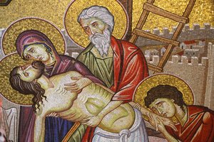 Jesus down from the cross, Detail of mosaic art which depicts the burial of Jesus Christ, Holy Sepulchre Church, Jerusalem, Israel 作者 不明