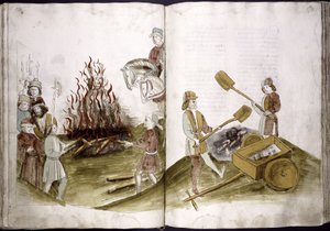 约翰·胡斯（John Hus）在1415年7月6日被烧死在火刑柱上，他的骨灰从以下地方铸造到莱茵河：乌尔里希·里切塔尔编年史，1414-1418年 作者 不明