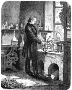 19世纪中叶c1885年，德国化学家Justus von Liebig在他的实验室中工作 作者 不明