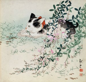 小猫在草和叶子花中 - 日本印刷品 作者 不明