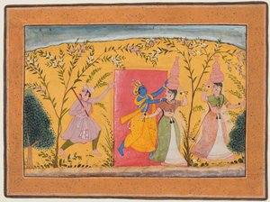 克里希纳（Krishna）对挤奶女仆（Bhagavata Purana）造成的通行费c。 1600。 作者 不明