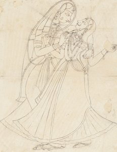 克里希纳装扮成女人拥抱拉德哈，19世纪。 作者 不明