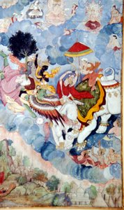 克里希纳，骑着鸟神迦楼罗，与骑着大象的因陀罗神战斗，约1590年。   作者 不明