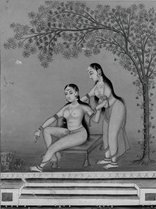 阳台上的女士和侍者在上厕所，约1800年。 作者 不明