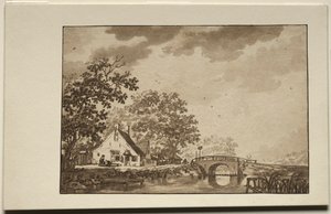 1700年代与小屋和桥梁的景观。 作者 不明