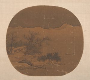 湖上的渔村和船的景观。 作者 不明