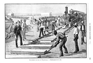 在南非的特兰斯瓦尔铁路上永久铺设轨枕和铁轨，1893年 作者 不明