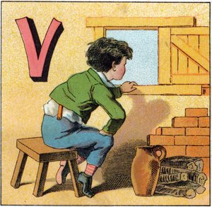 作为vasistas的字母V。好奇的孩子看着窗外。雕刻在 "Alphabet des petits ecoliers "中。埃皮纳尔的图像，约1885年。Privee收藏 作者 不明