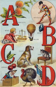 字母 A B C D; 杏; 丑角； 平衡; 气球; 贝贝; 樱桃; 猫椅； 狗; 毯子; 魔鬼; 火鸡; 旗帜。 雕刻“Alphabet de ma petite fille”。 Bernardin-Bechet 和 Fils，书商-出版商，巴黎，约 1895 年。坚不可摧的专辑在罐头上 作者 不明