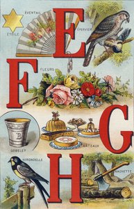 字母 E F G H; 吞; 扇子; 花朵; 蛋糕; 杯子; 阿歇特； 吞。 雕刻“Alphabet de ma petite fille”。 Bernardin-Bechet 和 Fils，书商出版商，巴黎，约 1895 年。坚不可摧的画布专辑。 贝贝斯图书馆。 12 页。 专辑合作 作者 不明