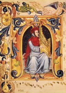 Lettrine with a man and an organ beginning a score from the Codex Squarcialupi (by Antonio Squarcialupi 作者 不明