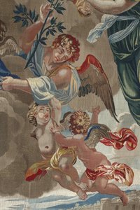 Life of the Virgin: “The Coronation of the Virgin”（圣母加冕） 天使细节 Pierre Damour 工作室制作的羊毛和丝绸挂毯，来自 Charles Poerson (1609-1667) 的图纸 作者 不明