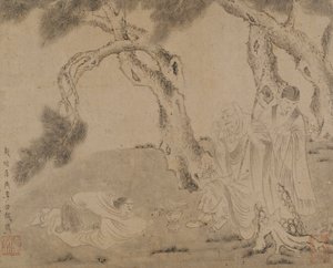 罗汉，侍者，松树下的崇拜者，元或明朝，1279-1644年。 作者 不明