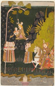 马术大师Maharaja Abhai Singh，在Teej节上看女孩荡秋千，c。 1740。 作者 不明