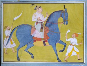 Sawar的Maharaja Pratap Singh骑马，有两个步行的随从，约1700年 作者 不明