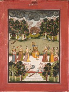 马拉拉·拉吉尼（Malar Ragini）：克里希纳（Krishna）向持有乐器的七个戈皮斯演奏长笛...，c。 1760。 作者 不明