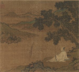 一个山坡的人在俯视河的树下，明朝。 作者 不明