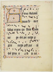 带有首字母A的手稿叶子，来自德国的Antiphonary，15世纪第二季度。 作者 不明