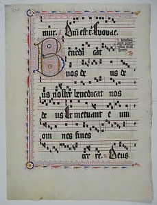 带有首字母B的手稿叶子，来自德国的Antiphonary，15世纪第二季度。 作者 不明