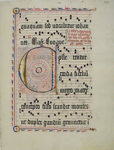 带有首字母C的手稿叶子，来自德国的Antiphonary，15世纪第二季度。 作者 不明