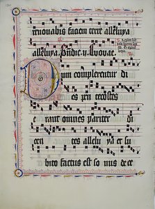 带有首字母D的手稿叶子，来自德国的Antiphonary，15世纪第二季度。 作者 不明