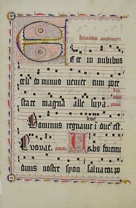 带有首字母E的手稿叶子，来自德国的Antiphonary，15世纪第二季度。 作者 不明