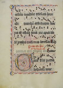 带有首字母G的手稿叶子，来自德国的Antiphonary，15世纪第二季度。 作者 不明