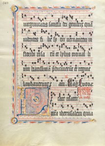带有首字母L的手稿叶子，来自德国的Antiphonary，15世纪第二季度。 作者 不明