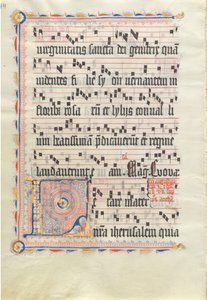 带有首字母L的手稿叶，来自15世纪第二季度的Antiphonary。 作者 不明