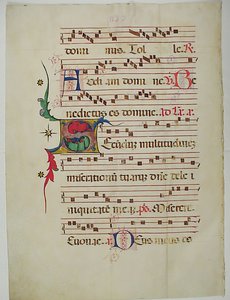 带有首字母S的手稿叶子，来自意大利的Antiphonary，15世纪。 作者 不明