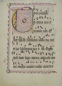 带有首字母T的手稿叶子，来自德国的Antiphonary，15世纪第二季度。 作者 不明