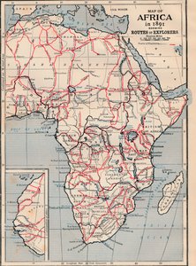 1891年的非洲地图，显示探险者的路线 作者 不明