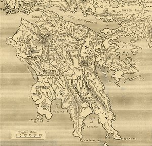 伯罗奔尼撒地图，1890年。 作者 不明
