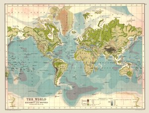 显示高度和深度的世界地图，1902年。 作者 不明