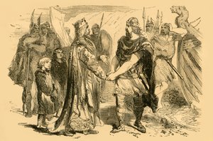 埃德蒙·艾恩塞德（Edmund Ironside）和坎特特（Canute）的会晤在塞内（Severn）的阿尔尼岛（Island of Alney）上举行，大约于1890年。 作者 不明
