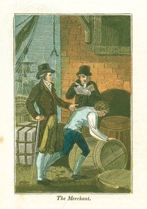 商家和他在码头的店员在仓库检查货物，1823年 作者 不明