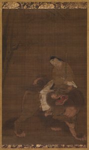 1392-1573年，蒙朱小时候骑在狮子上。 作者 不明