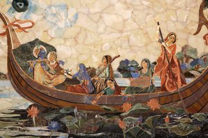 Mosaic depicting Hindu god Krishna with gopis in a boat . India 作者 不明
