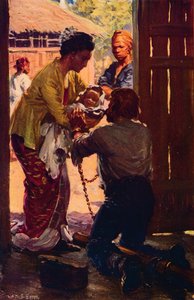 贾德森太太将孩子带到被锁链的丈夫身边，c1912 作者 不明