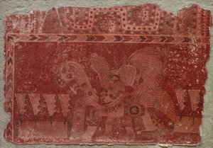 壁画片段，具雄性和仙人掌仙人掌叶，500-550。 作者 不明