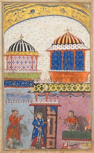 鹦鹉Tuti-nama的故事页：第八天晚上：一个女人要爱人离开……，c。 1560。 作者 不明