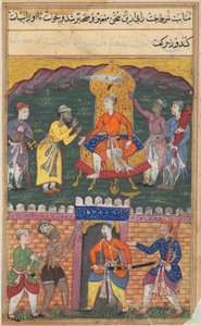 鹦鹉Tuti-nama的故事中的页面：第七夜：vizier劝说国王...，c。 1560。 作者 不明