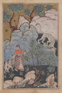 鹦鹉图蒂娜玛的故事中的书页：第三十夜：一个有两个孩子的女人……，c。 1560。 作者 不明