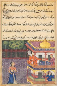 鹦鹉图蒂娜玛的故事中的页面：第三十六夜：巴比伦国王...，c。 1560。 作者 不明