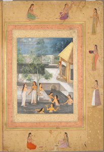 Shah Jahan后期专辑中的页面：后宫夜浴场景c。 1653。 作者 不明