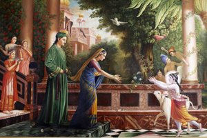 Painting at Bhaktivedanta Manor depicting young Krishna running to Mother Yasoda and Nanda Maharaj (his foster parents) Watford Grande-Bretagne 作者 不明