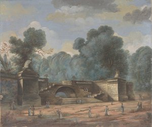 公园风景与漫步的人物，19世纪。 作者 不明